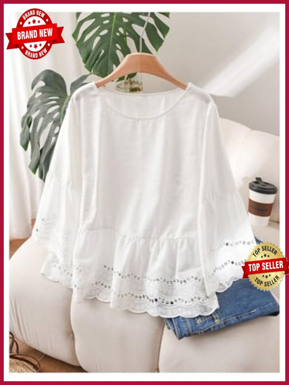 Eyelet Embroidery Peplum Blouse 3/4 Sleeve Crew Neck Flare Hem Summer Top - Picture 2 of 4